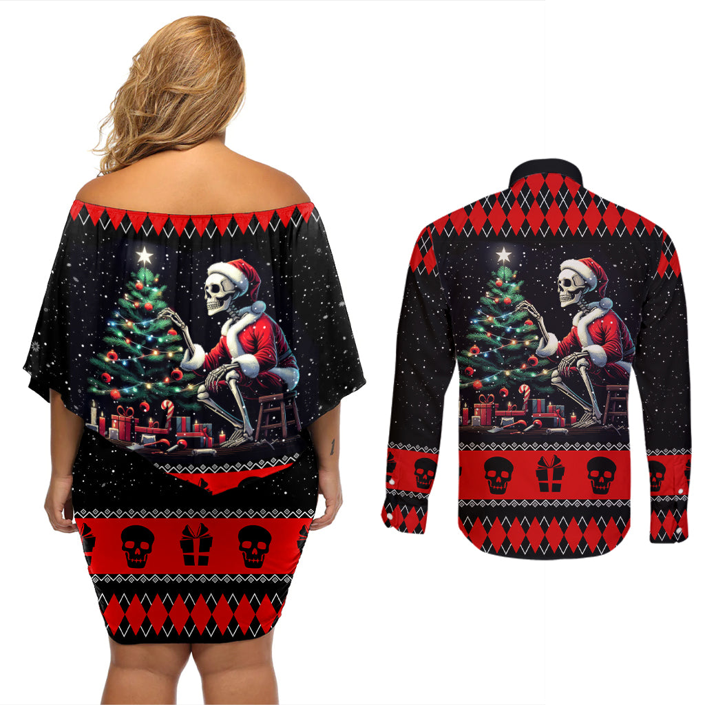 Christmas Skull Couples Matching Off Shoulder Short Dress and Long Sleeve Button Shirt Santa Skull Prepairing For Christmas - Wonder Print Shop