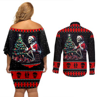 Christmas Skull Couples Matching Off Shoulder Short Dress and Long Sleeve Button Shirt Santa Skull Prepairing For Christmas - Wonder Print Shop