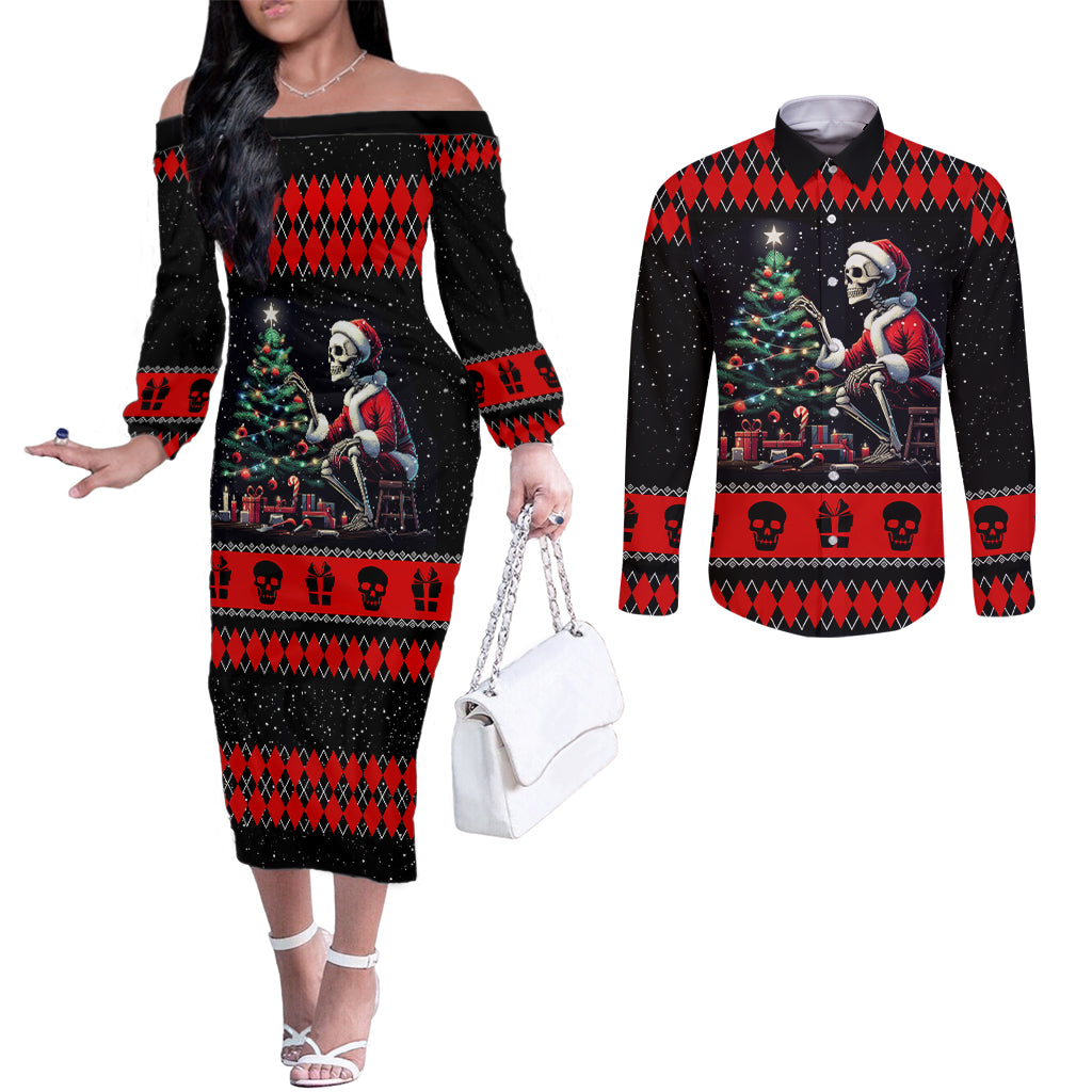 christmas-skull-couples-matching-off-the-shoulder-long-sleeve-dress-and-long-sleeve-button-shirt-santa-skull-prepairing-for-christmas