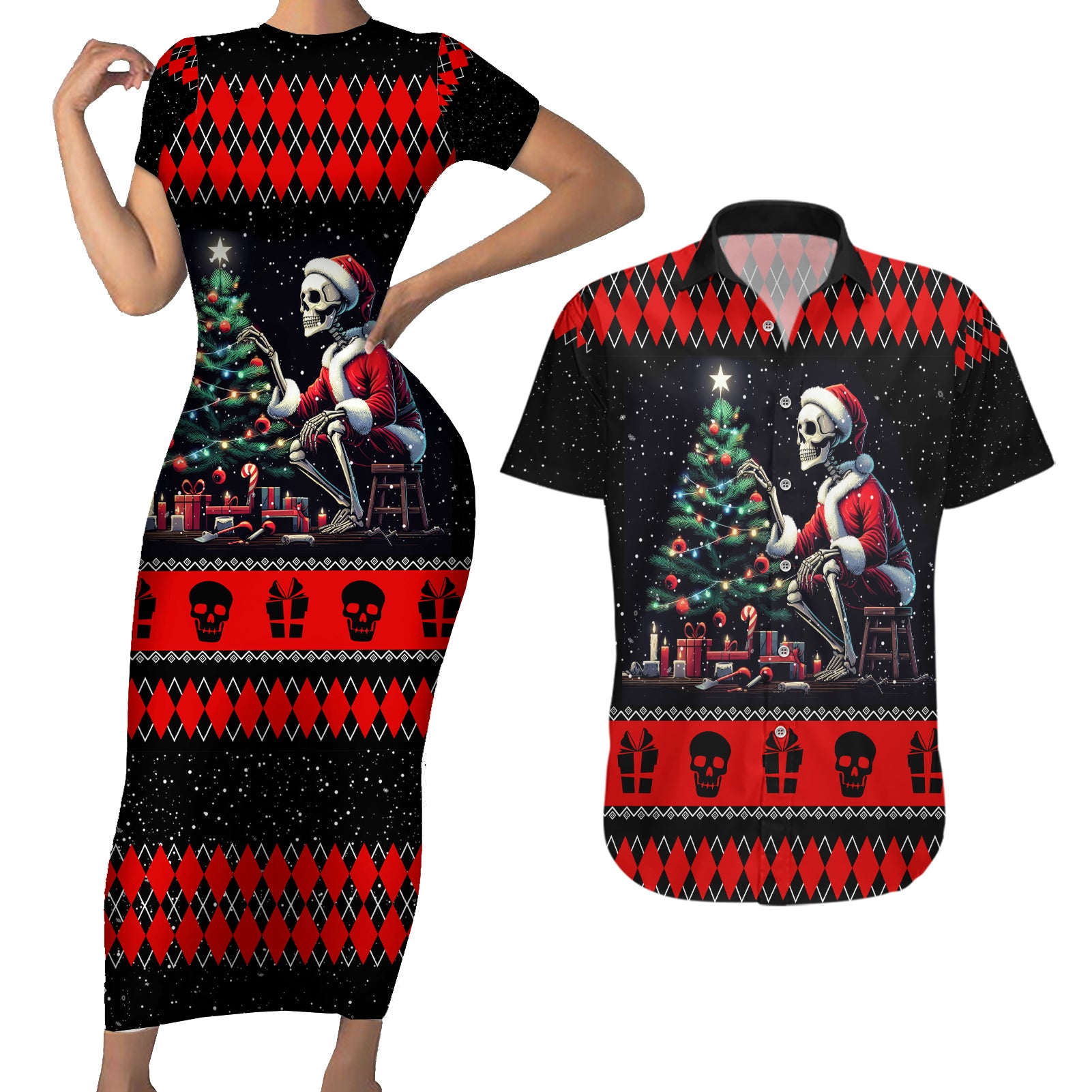 Christmas Skull Couples Matching Short Sleeve Bodycon Dress and Hawaiian Shirt Santa Skull Prepairing For Christmas - Wonder Print Shop