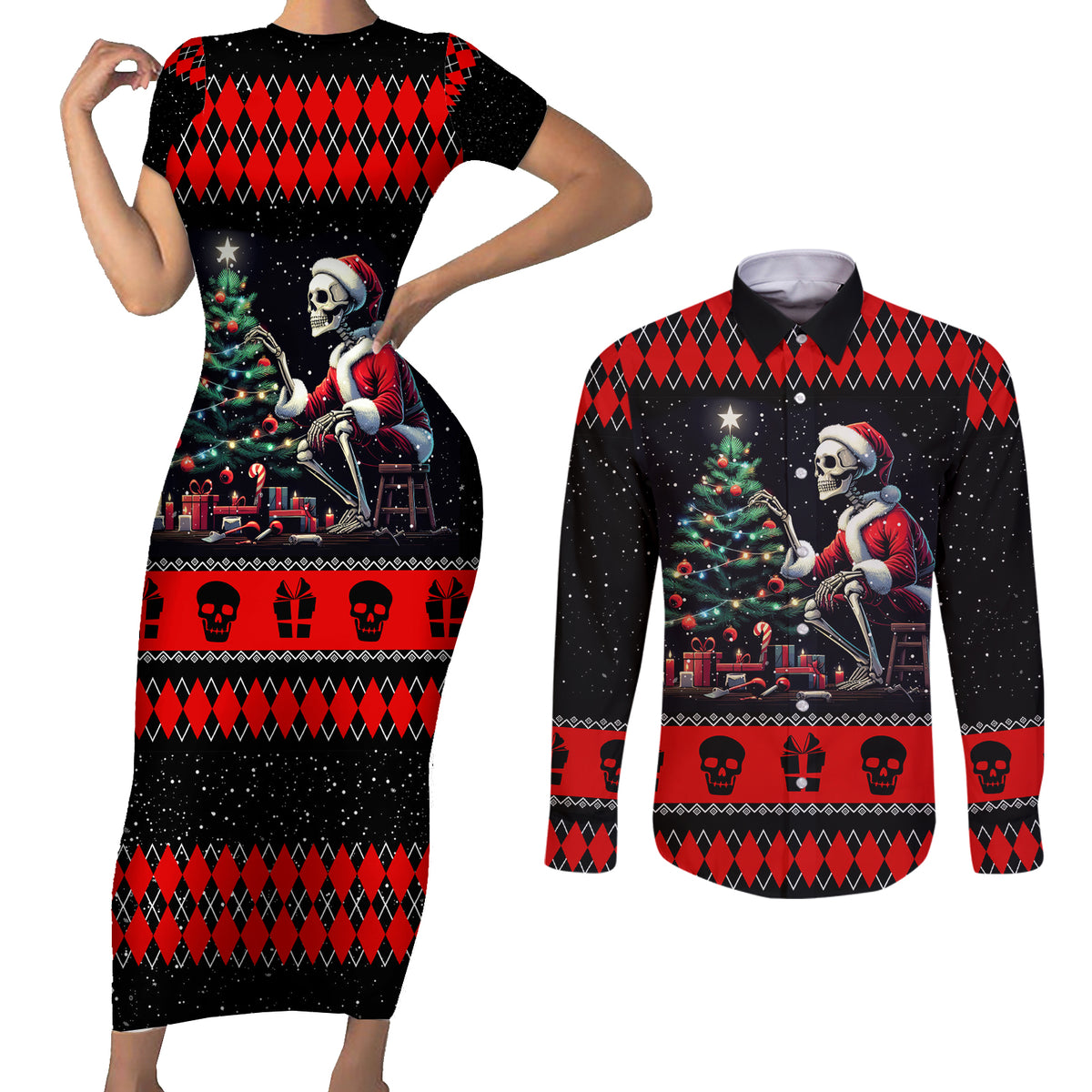 Christmas Skull Couples Matching Short Sleeve Bodycon Dress and Long Sleeve Button Shirt Santa Skull Prepairing For Christmas - Wonder Print Shop