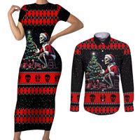 Christmas Skull Couples Matching Short Sleeve Bodycon Dress and Long Sleeve Button Shirt Santa Skull Prepairing For Christmas - Wonder Print Shop