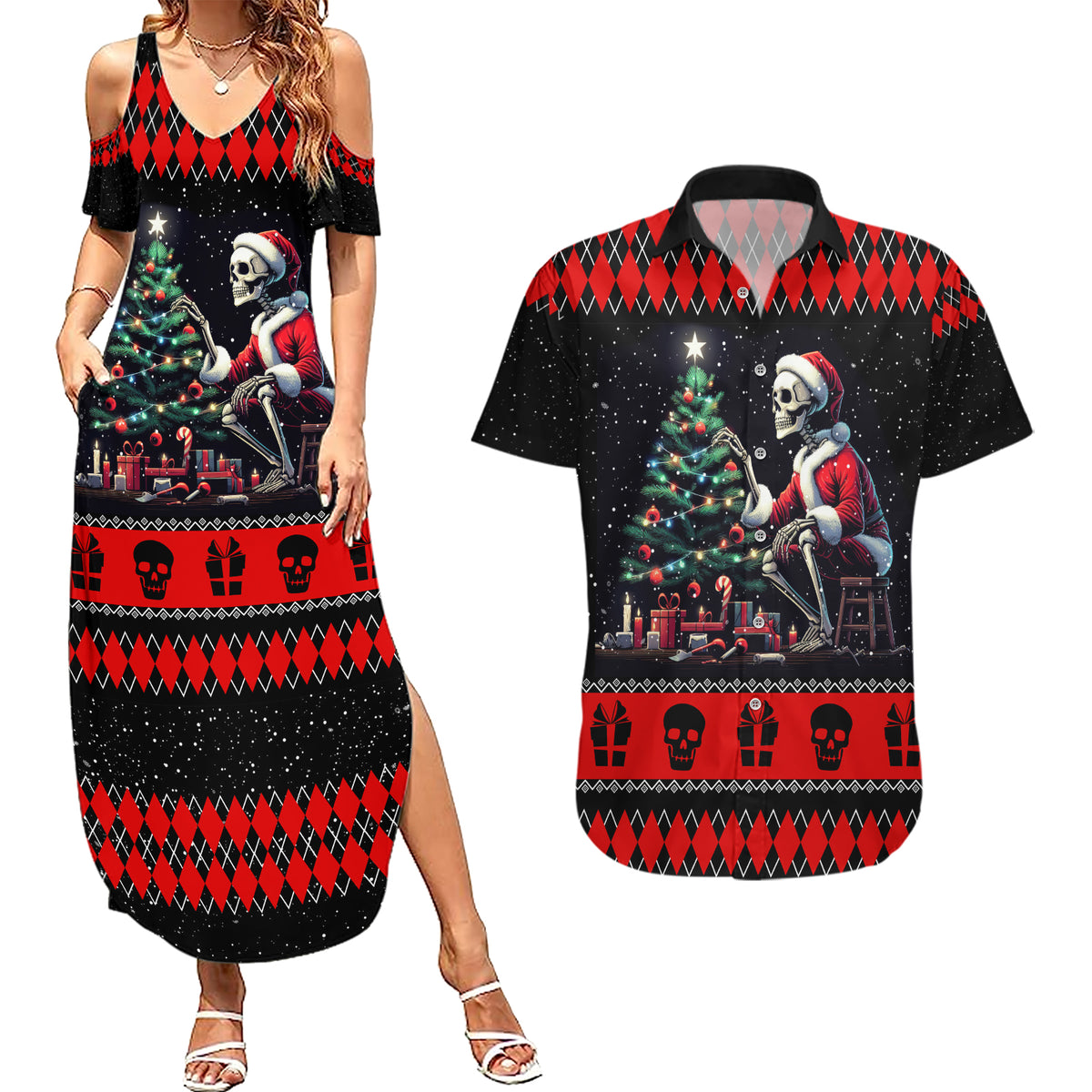 Christmas Skull Couples Matching Summer Maxi Dress and Hawaiian Shirt Santa Skull Prepairing For Christmas - Wonder Print Shop