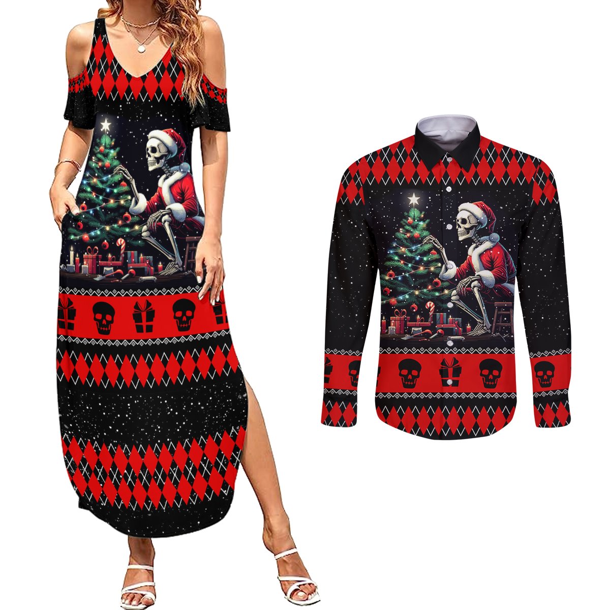 Christmas Skull Couples Matching Summer Maxi Dress and Long Sleeve Button Shirt Santa Skull Prepairing For Christmas - Wonder Print Shop