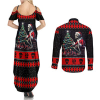 Christmas Skull Couples Matching Summer Maxi Dress and Long Sleeve Button Shirt Santa Skull Prepairing For Christmas - Wonder Print Shop