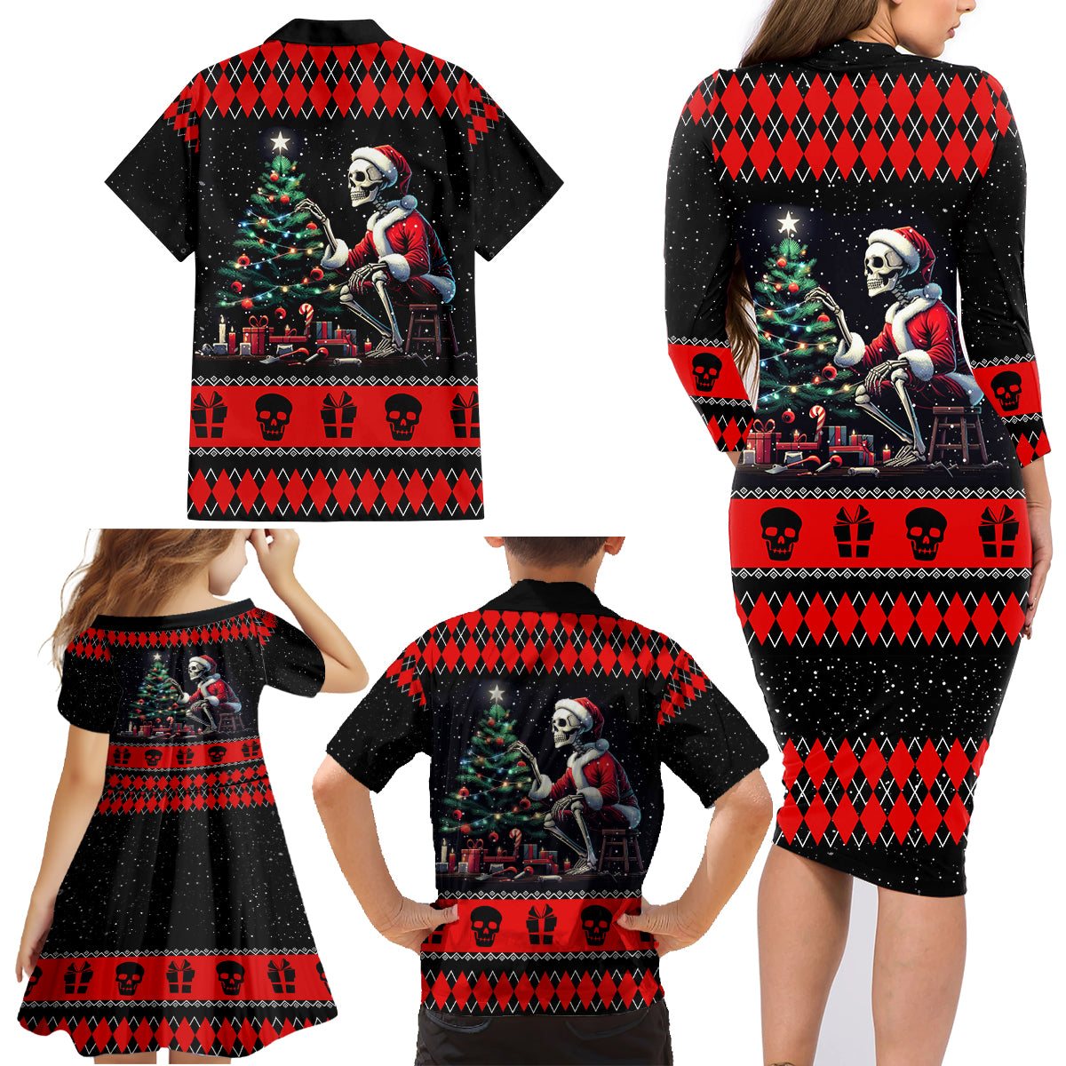 Christmas Skull Family Matching Long Sleeve Bodycon Dress and Hawaiian Shirt Santa Skull Prepairing For Christmas - Wonder Print Shop