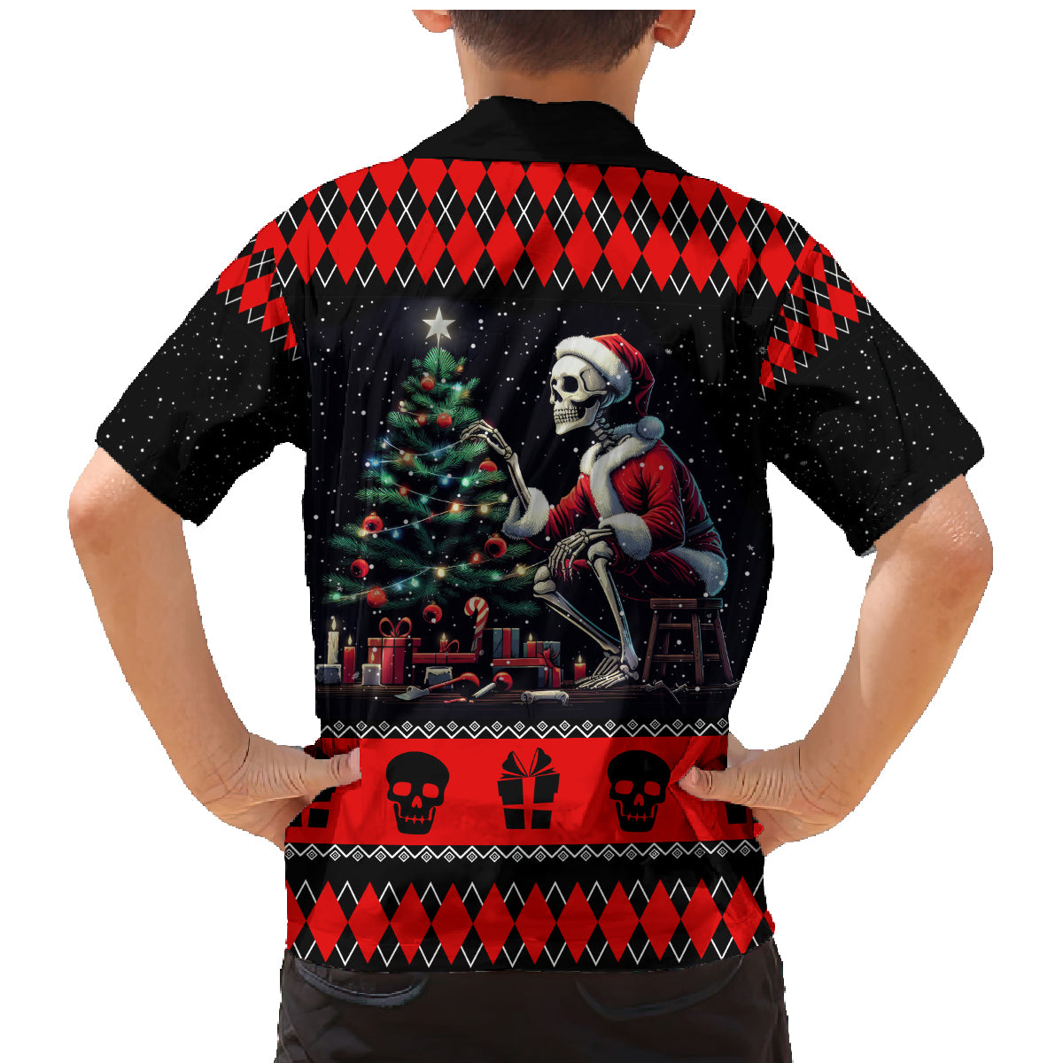 Christmas Skull Family Matching Mermaid Dress and Hawaiian Shirt Santa Skull Prepairing For Christmas - Wonder Print Shop