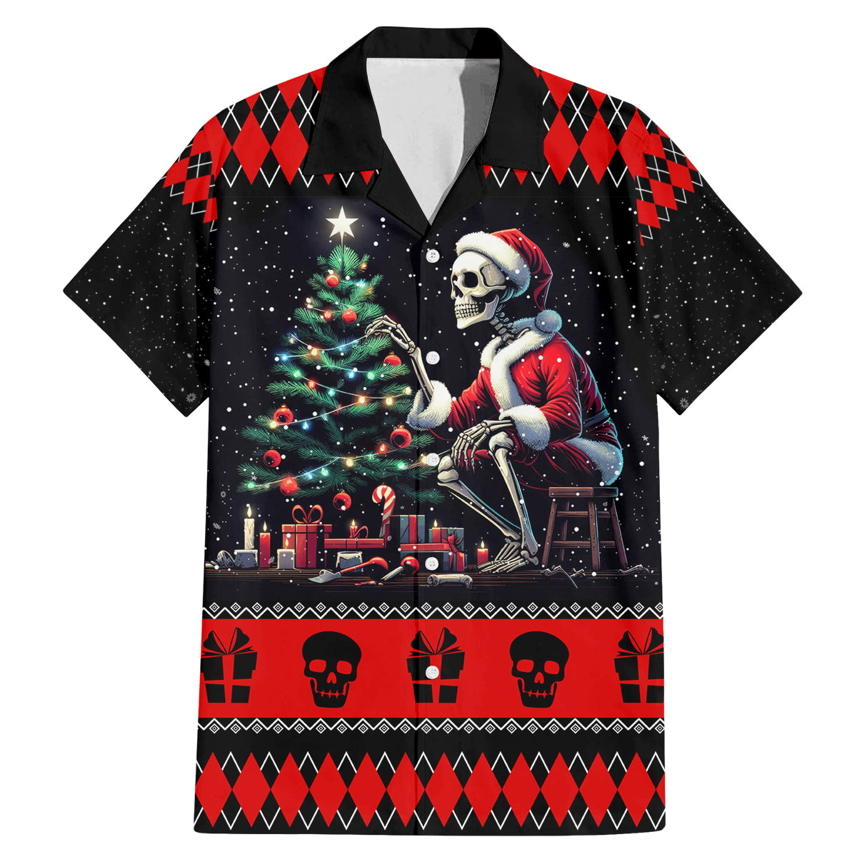 Christmas Skull Family Matching Mermaid Dress and Hawaiian Shirt Santa Skull Prepairing For Christmas - Wonder Print Shop