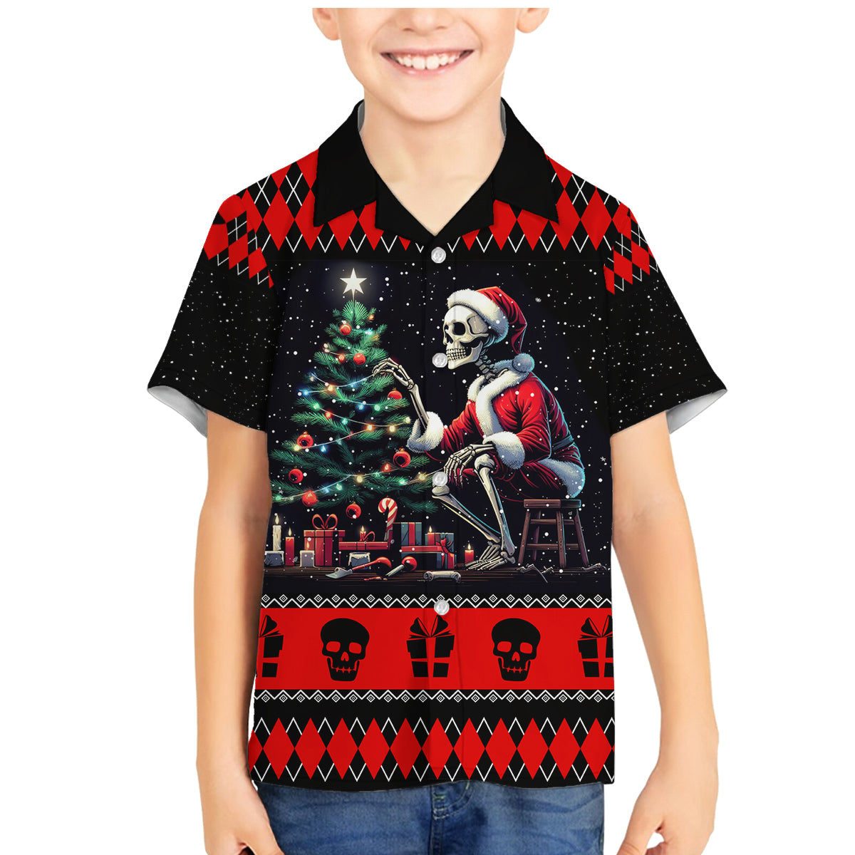 Christmas Skull Family Matching Mermaid Dress and Hawaiian Shirt Santa Skull Prepairing For Christmas - Wonder Print Shop