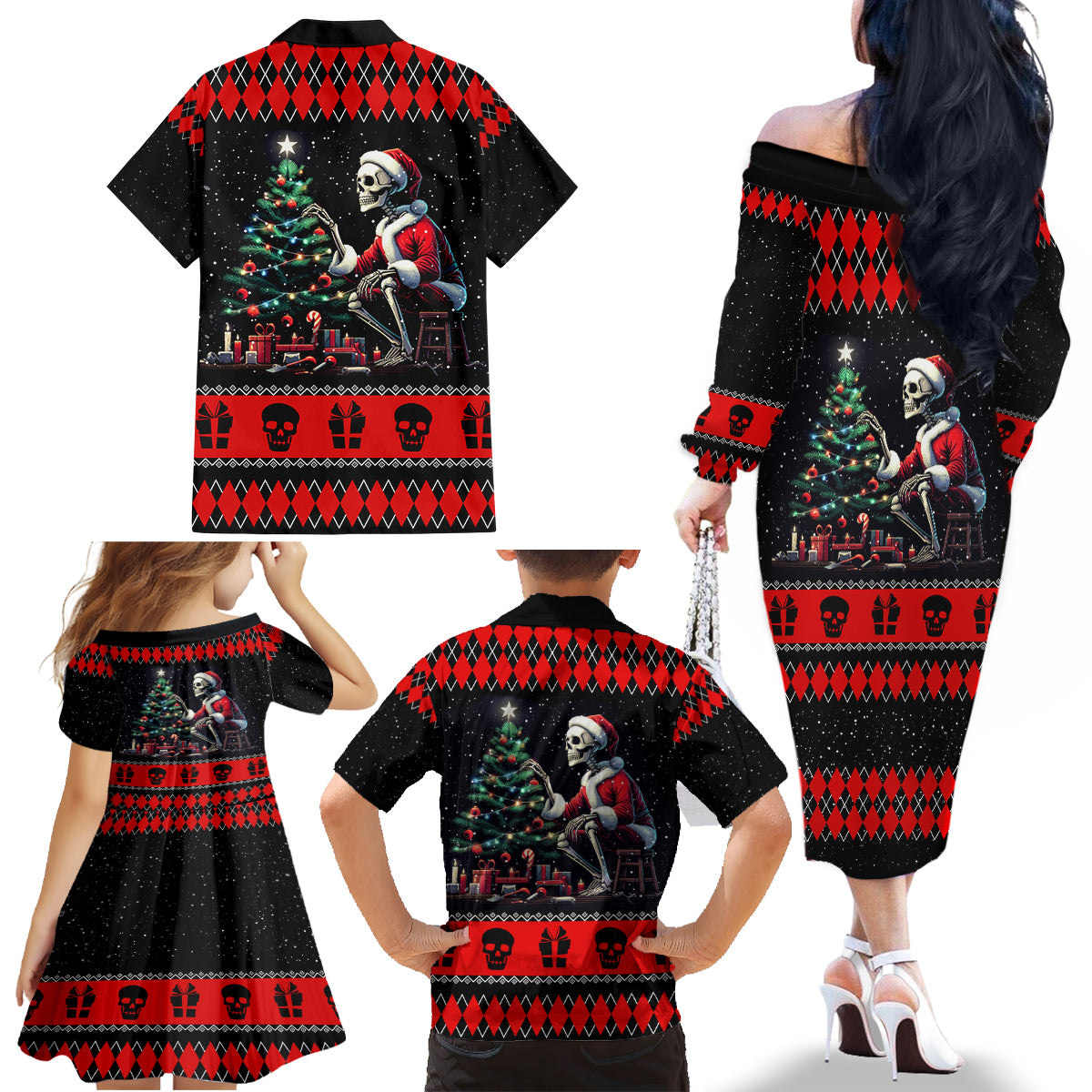 Christmas Skull Family Matching Off Shoulder Long Sleeve Dress and Hawaiian Shirt Santa Skull Prepairing For Christmas - Wonder Print Shop