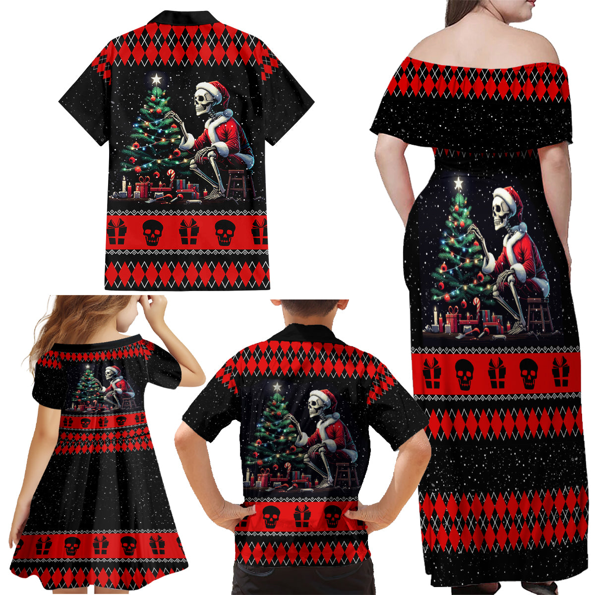 Christmas Skull Family Matching Off Shoulder Maxi Dress and Hawaiian Shirt Santa Skull Prepairing For Christmas - Wonder Print Shop