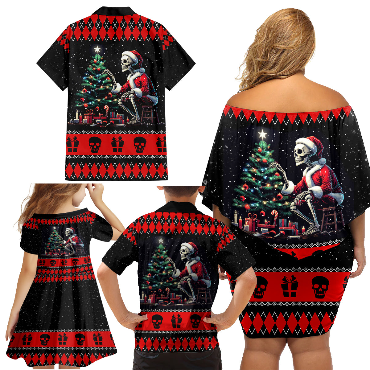 Christmas Skull Family Matching Off Shoulder Short Dress and Hawaiian Shirt Santa Skull Prepairing For Christmas - Wonder Print Shop