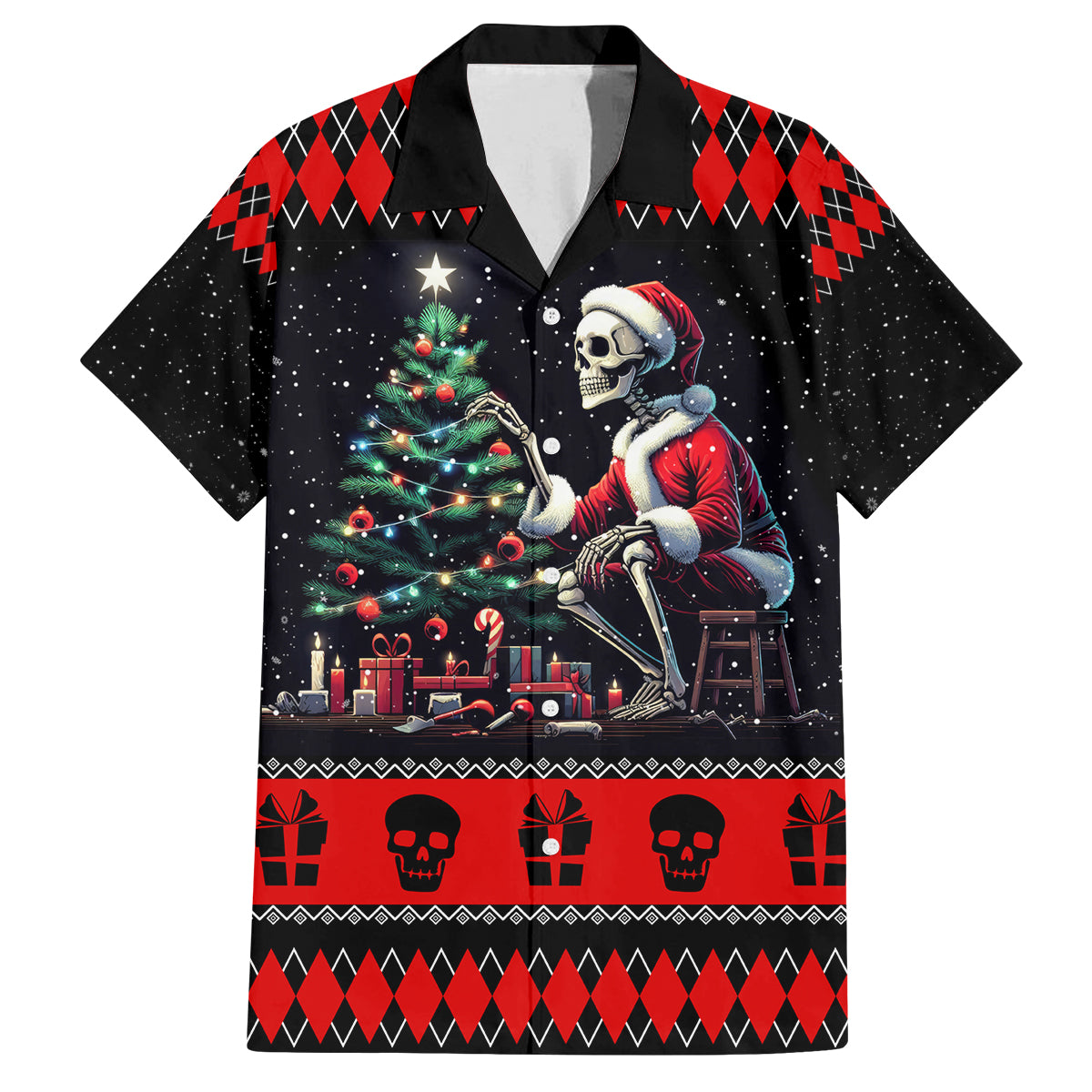 Christmas Skull Family Matching Off Shoulder Short Dress and Hawaiian Shirt Santa Skull Prepairing For Christmas - Wonder Print Shop