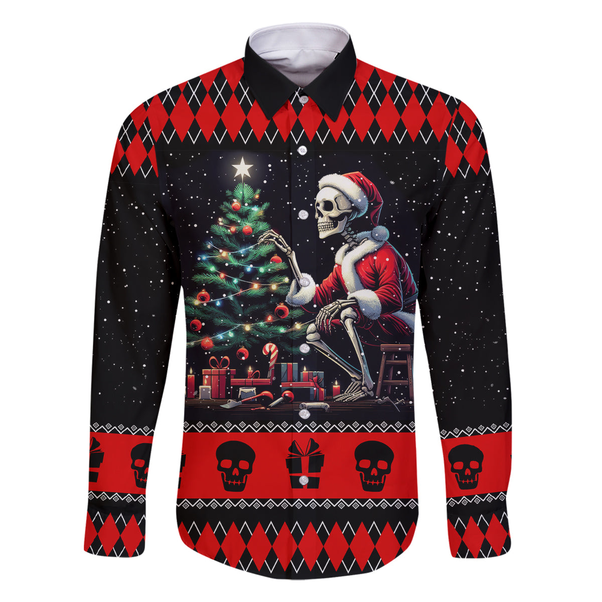 Christmas Skull Family Matching Off Shoulder Short Dress and Hawaiian Shirt Santa Skull Prepairing For Christmas - Wonder Print Shop