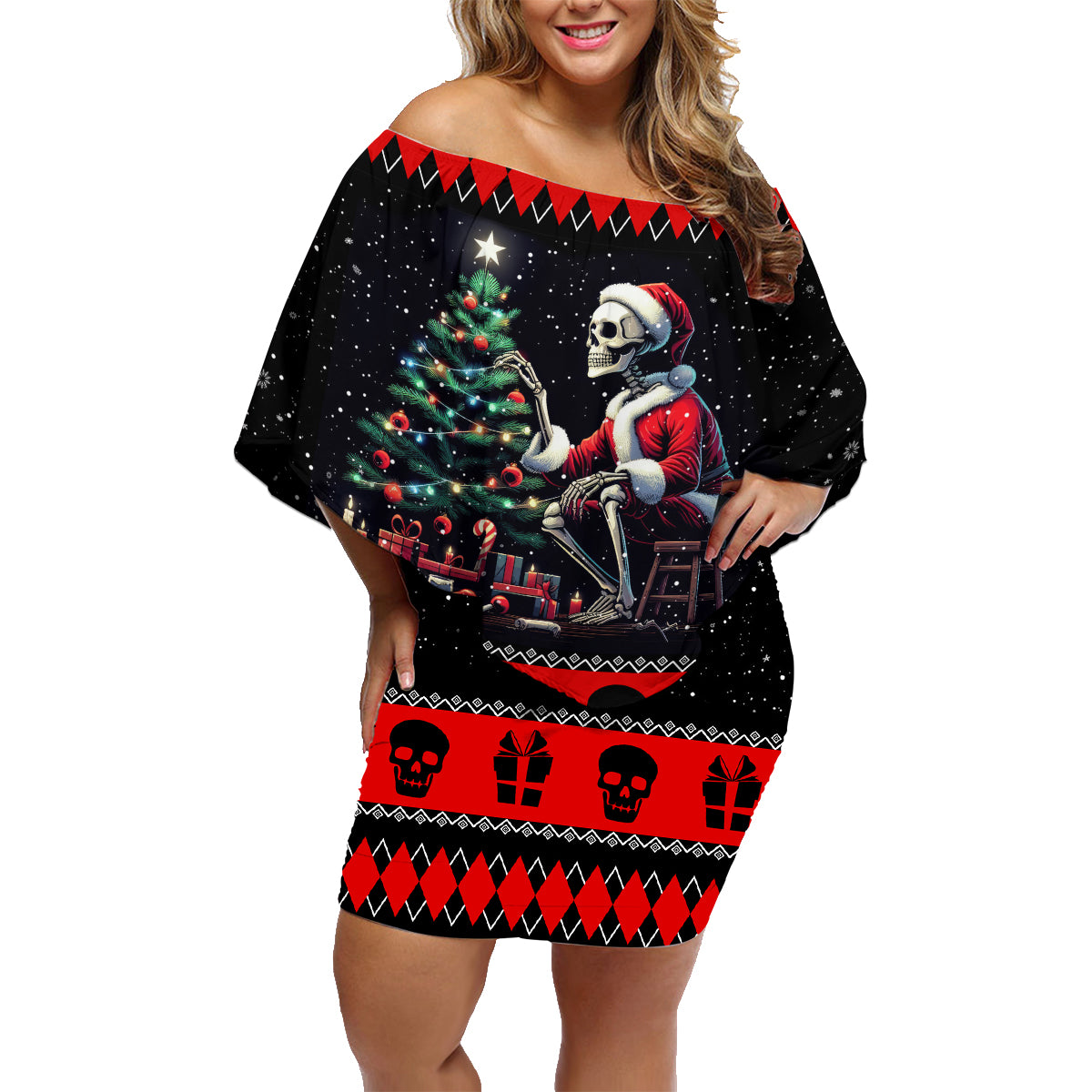 Christmas Skull Family Matching Off Shoulder Short Dress and Hawaiian Shirt Santa Skull Prepairing For Christmas - Wonder Print Shop