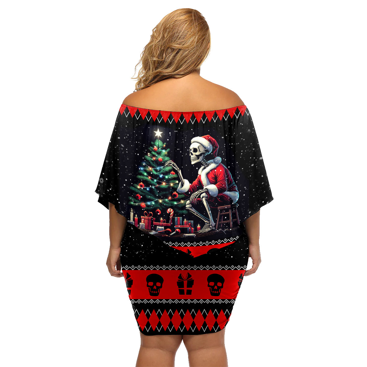 Christmas Skull Family Matching Off Shoulder Short Dress and Hawaiian Shirt Santa Skull Prepairing For Christmas - Wonder Print Shop