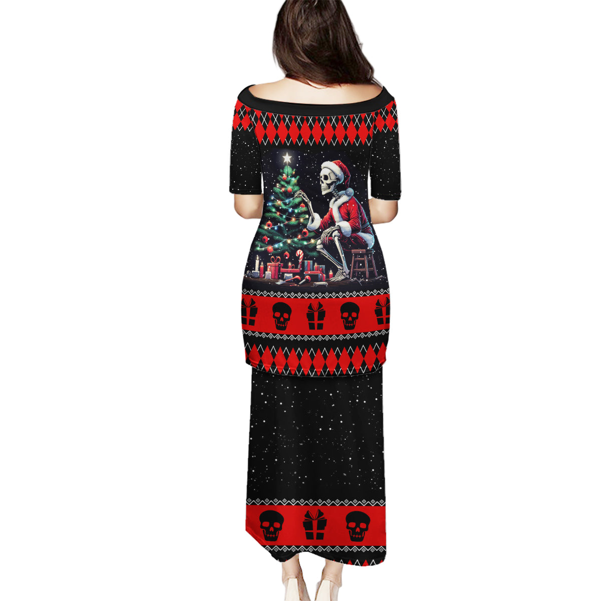 Christmas Skull Family Matching Puletasi Dress and Hawaiian Shirt Santa Skull Prepairing For Christmas - Wonder Print Shop