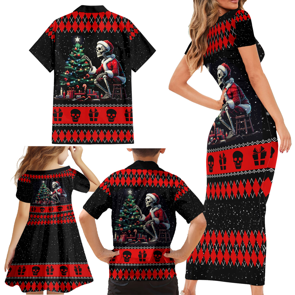 Christmas Skull Family Matching Short Sleeve Bodycon Dress and Hawaiian Shirt Santa Skull Prepairing For Christmas - Wonder Print Shop