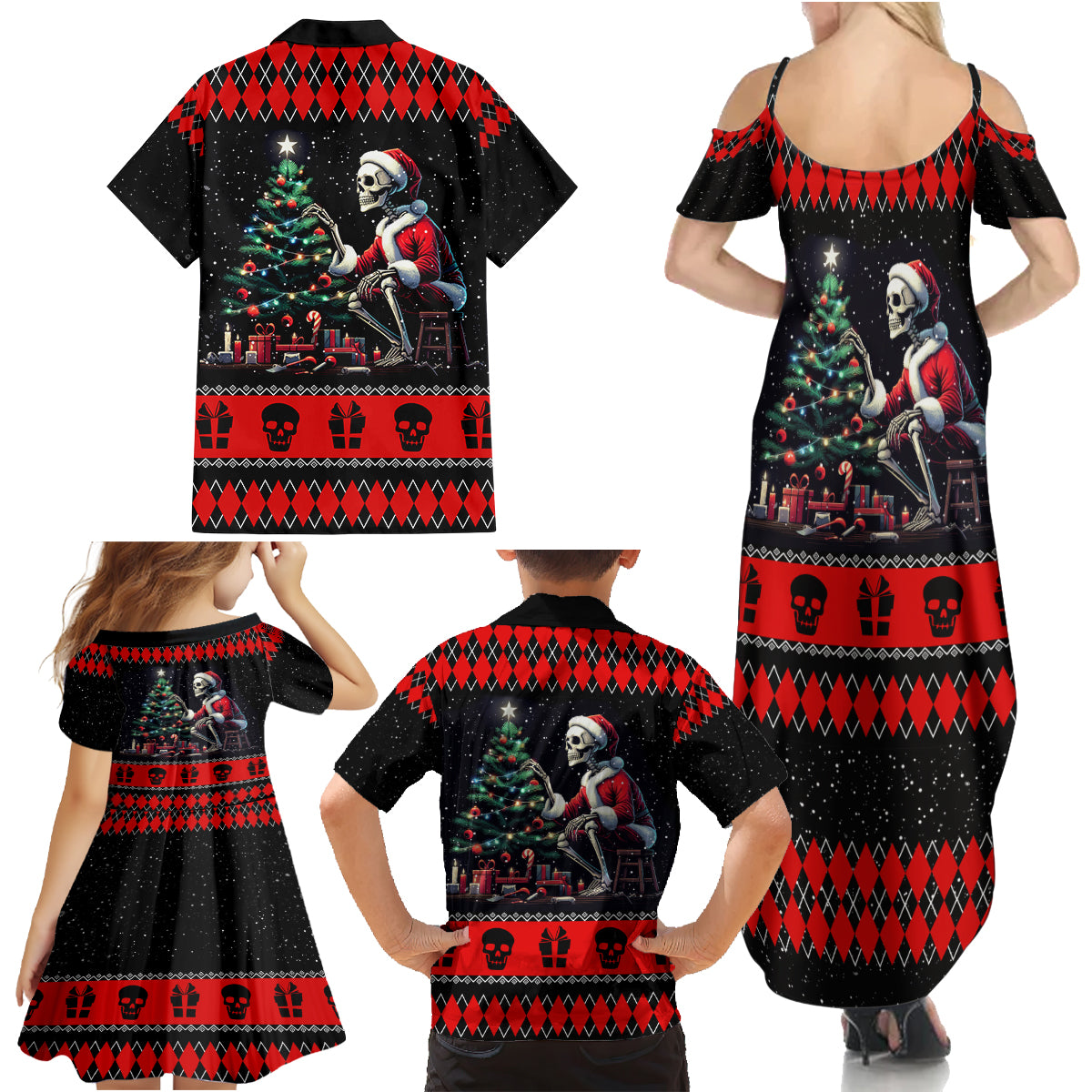 Christmas Skull Family Matching Summer Maxi Dress and Hawaiian Shirt Santa Skull Prepairing For Christmas - Wonder Print Shop