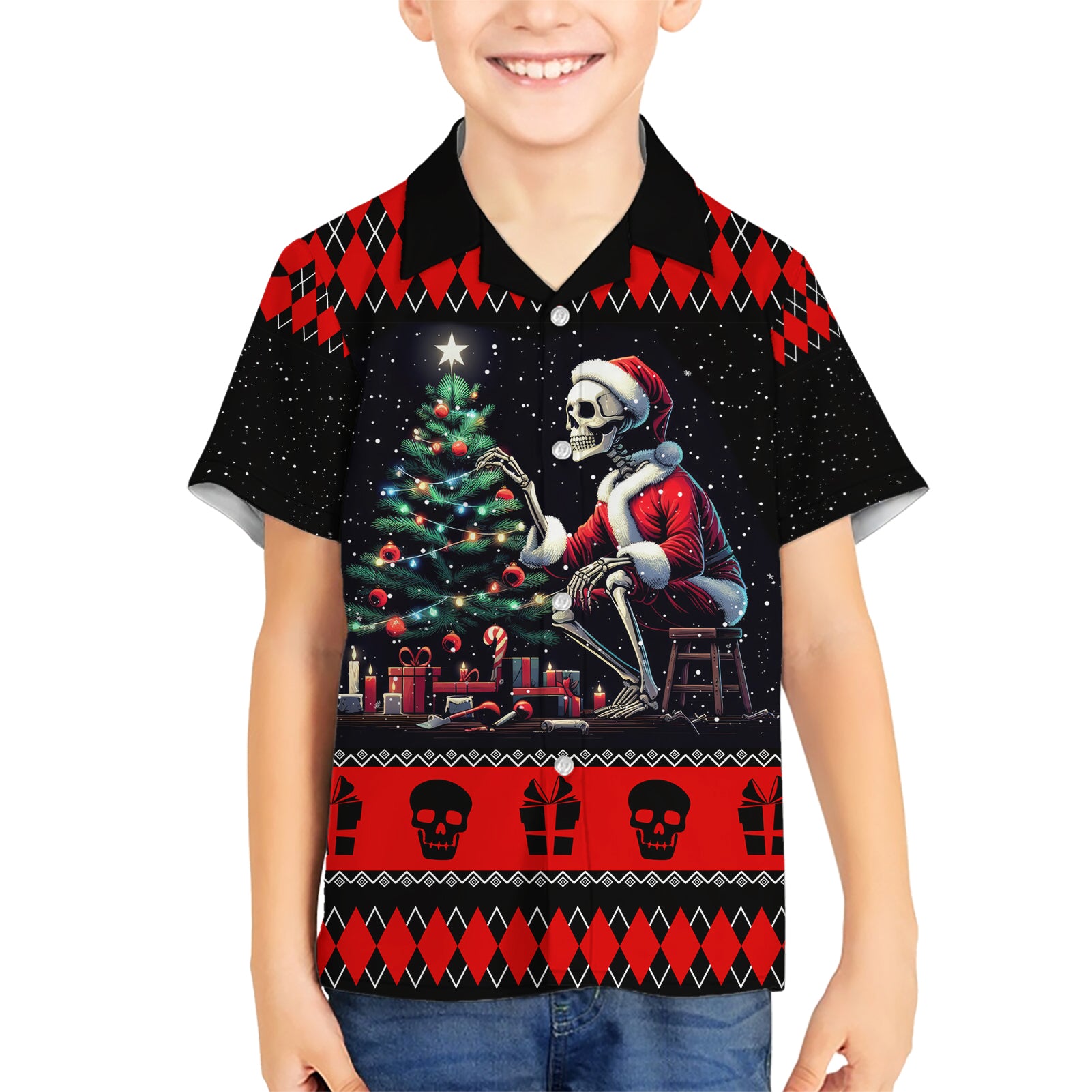 Christmas Skull Kid Hawaiian Shirt Santa Skull Prepairing For Christmas - Wonder Print Shop