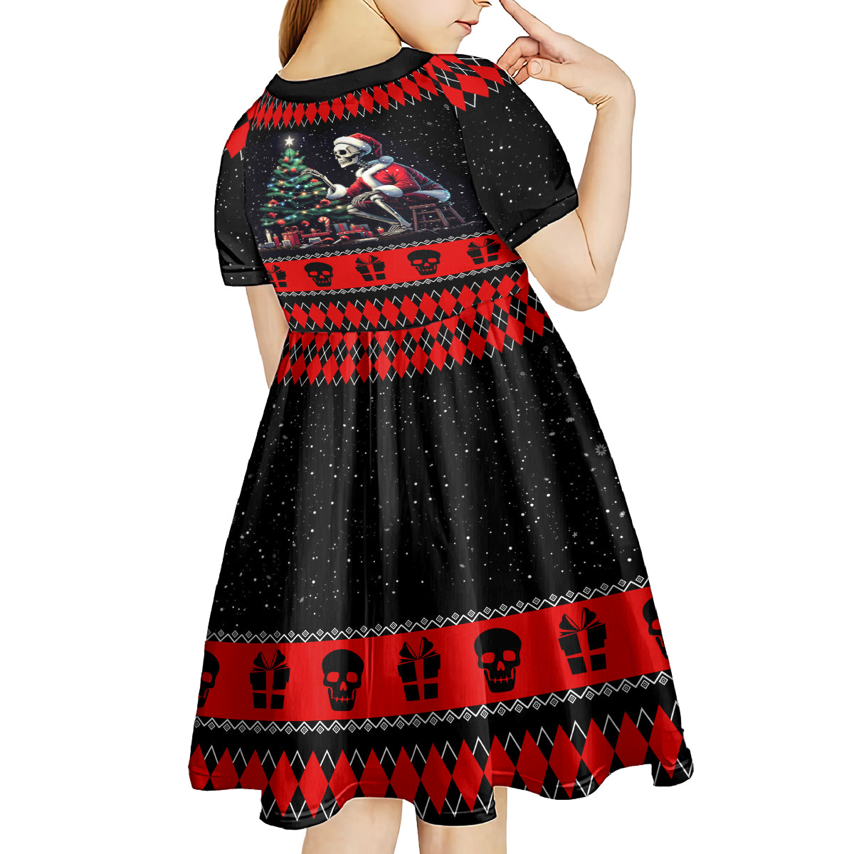 Christmas Skull Kid Short Sleeve Dress Santa Skull Prepairing For Christmas - Wonder Print Shop