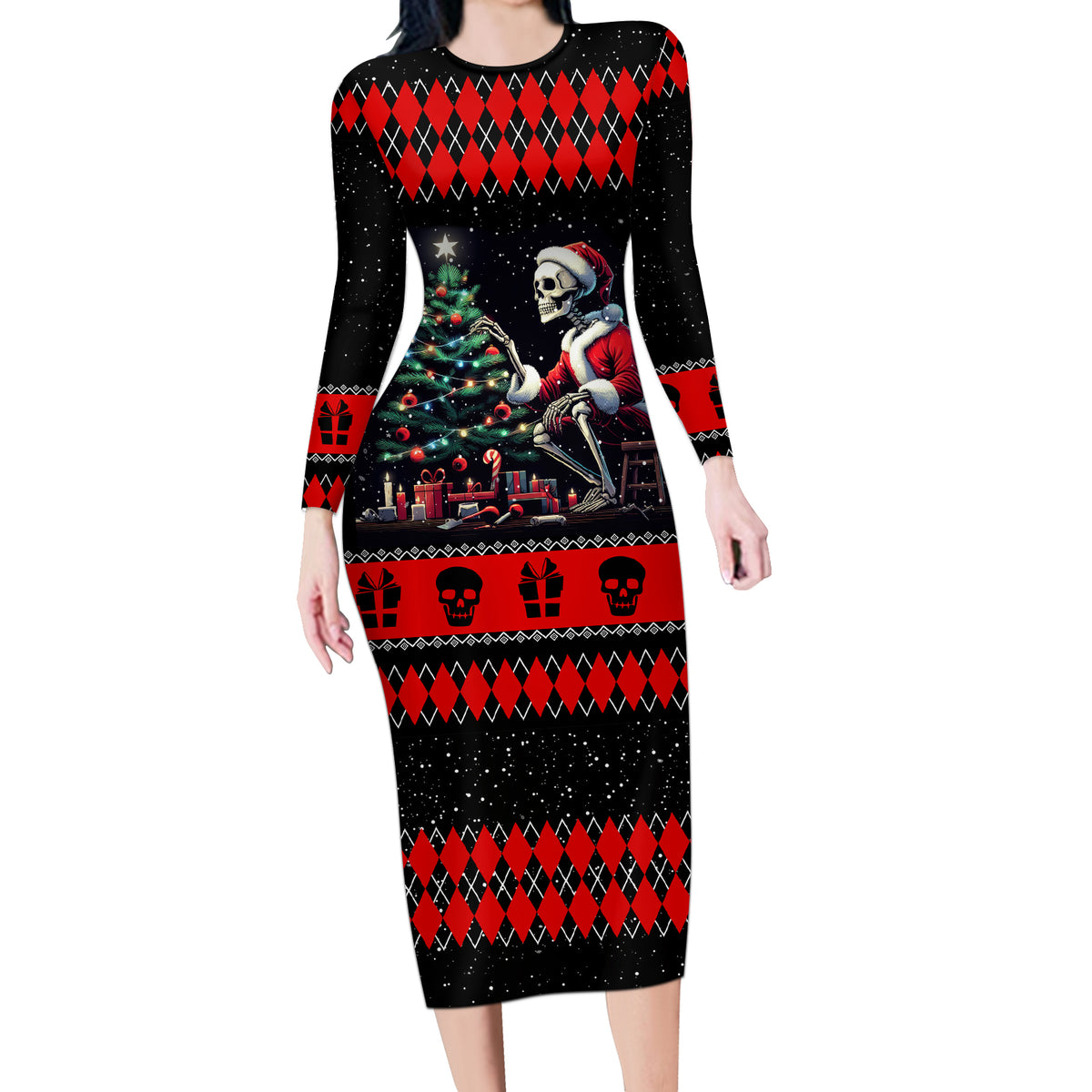 Christmas Skull Long Sleeve Bodycon Dress Santa Skull Prepairing For Christmas - Wonder Print Shop
