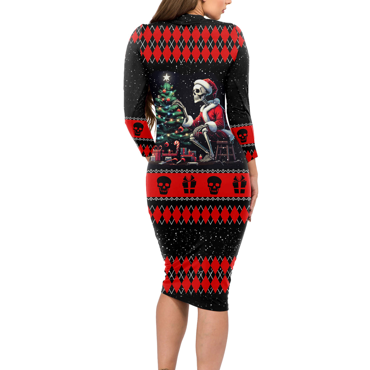 Christmas Skull Long Sleeve Bodycon Dress Santa Skull Prepairing For Christmas - Wonder Print Shop