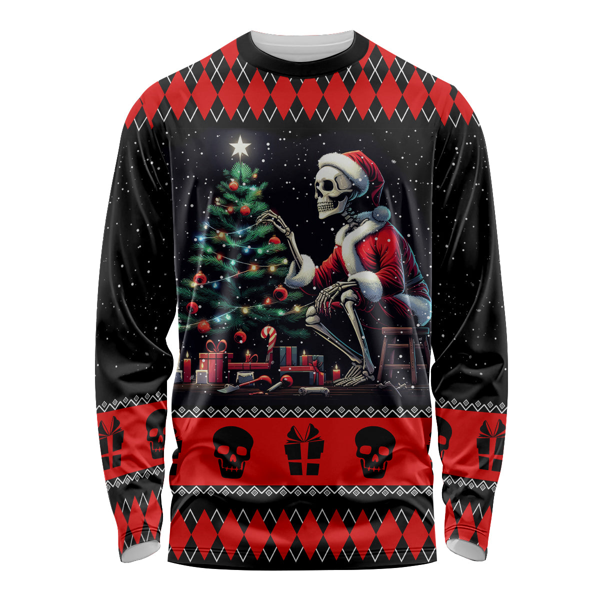 Christmas Skull Long Sleeve Shirt Santa Skull Prepairing For Christmas - Wonder Print Shop