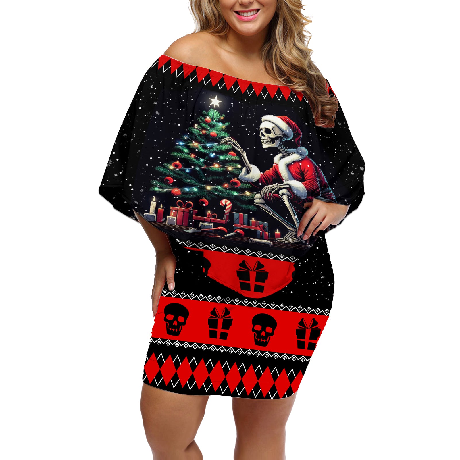 Christmas Skull Off Shoulder Short Dress Santa Skull Prepairing For Christmas - Wonder Print Shop