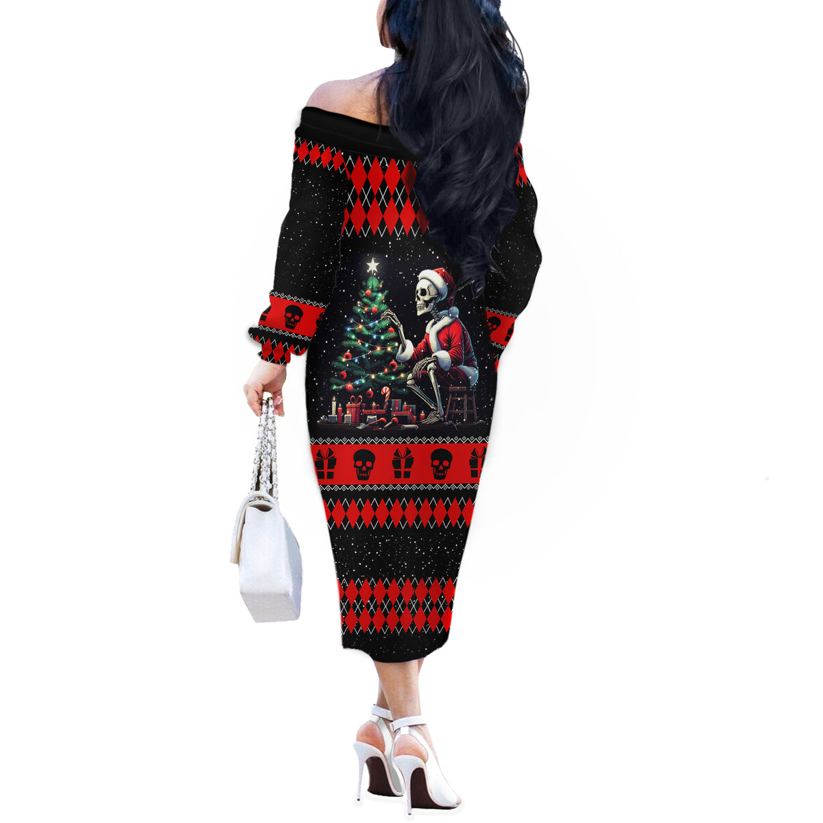 Christmas Skull Off The Shoulder Long Sleeve Dress Santa Skull Prepairing For Christmas - Wonder Print Shop
