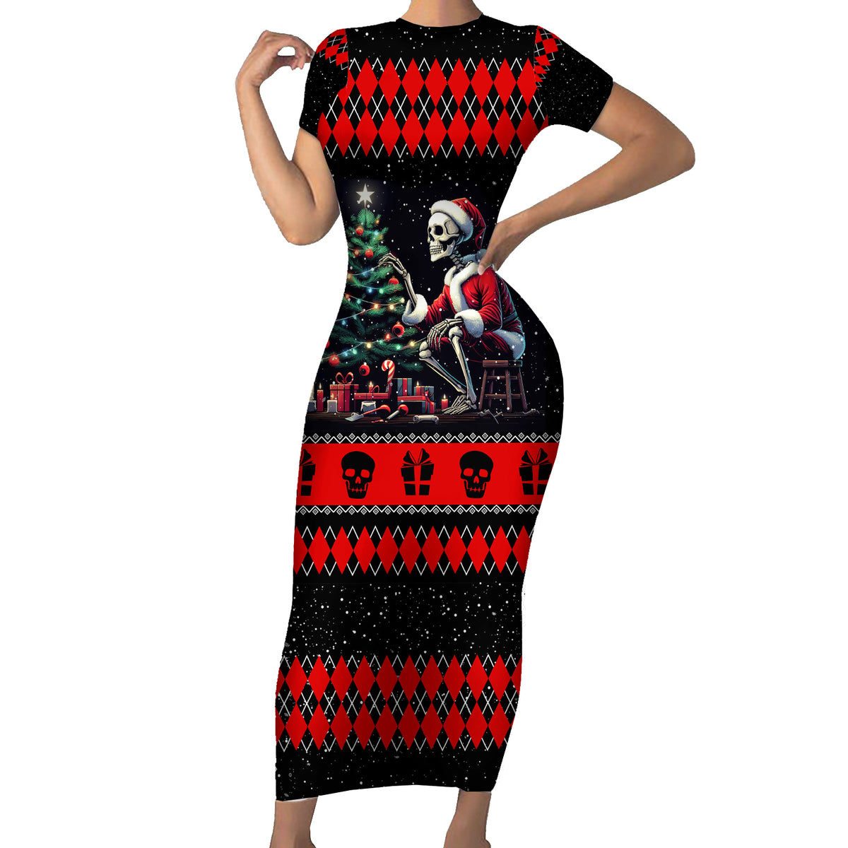 Christmas Skull Short Sleeve Bodycon Dress Santa Skull Prepairing For Christmas - Wonder Print Shop