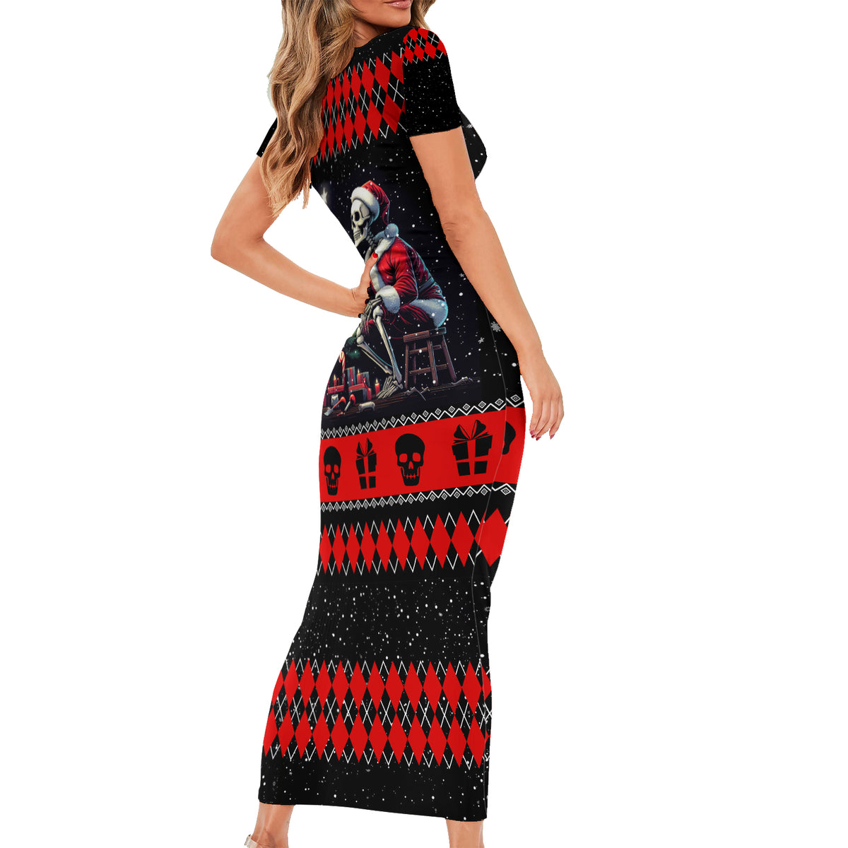 Christmas Skull Short Sleeve Bodycon Dress Santa Skull Prepairing For Christmas - Wonder Print Shop