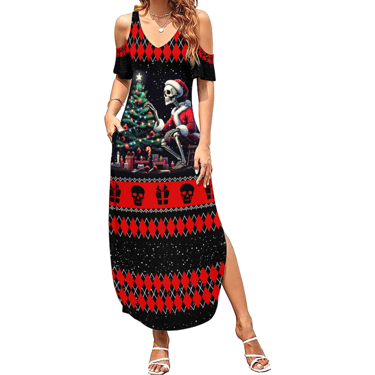 Christmas Skull Summer Maxi Dress Santa Skull Prepairing For Christmas - Wonder Print Shop
