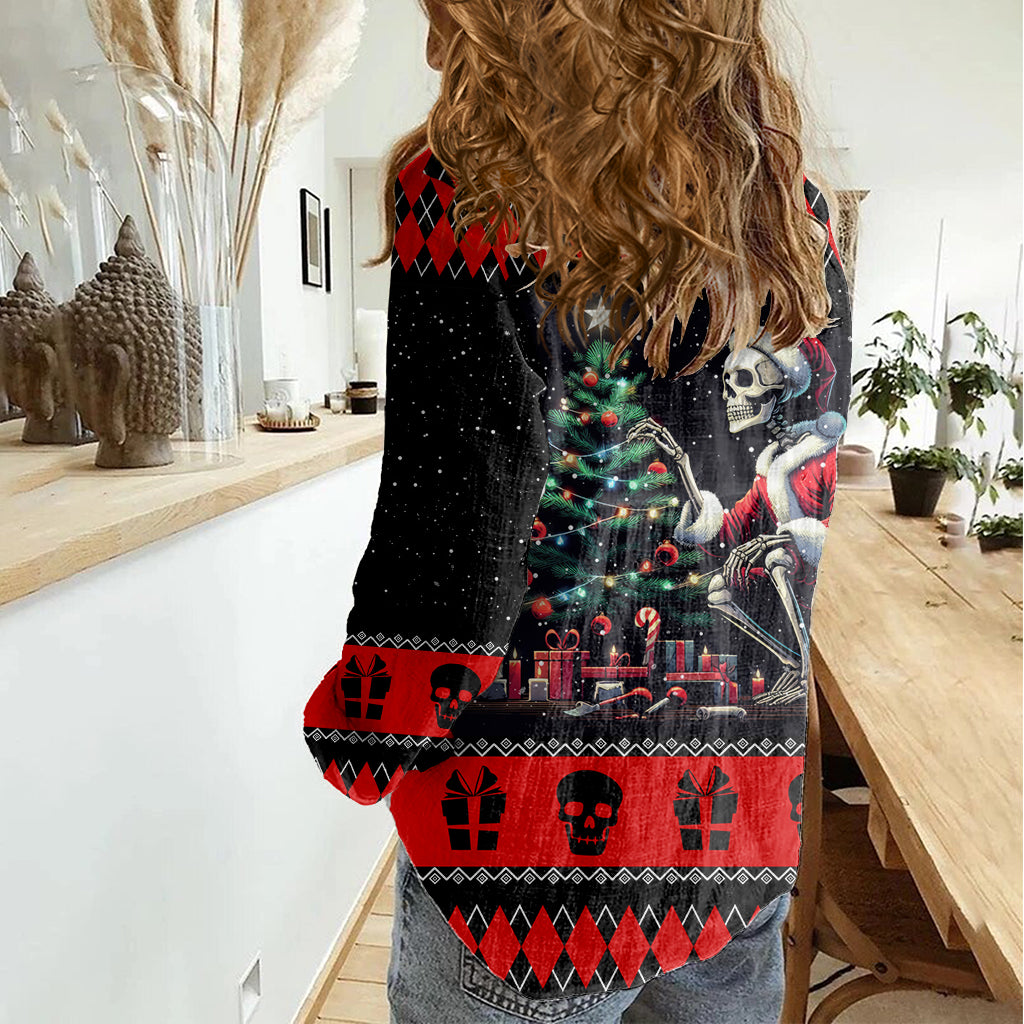 Christmas Skull Women Casual Shirt Santa Skull Prepairing For Christmas - Wonder Print Shop