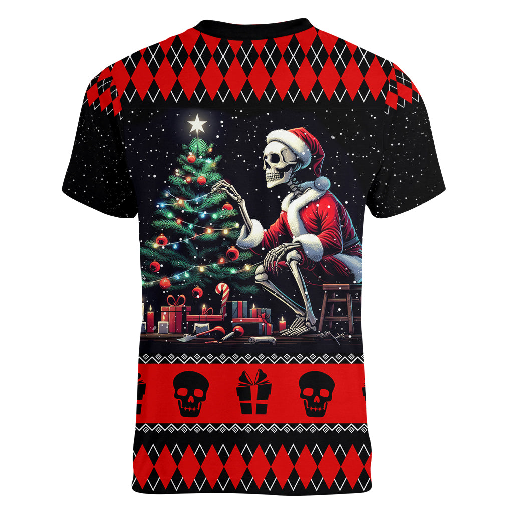 Christmas Skull Women V Neck T Shirt Santa Skull Prepairing For Christmas - Wonder Print Shop