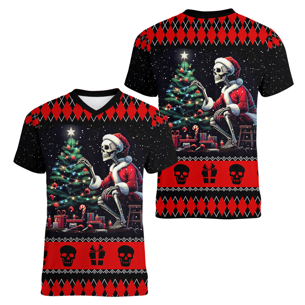 Christmas Skull Women V Neck T Shirt Santa Skull Prepairing For Christmas - Wonder Print Shop