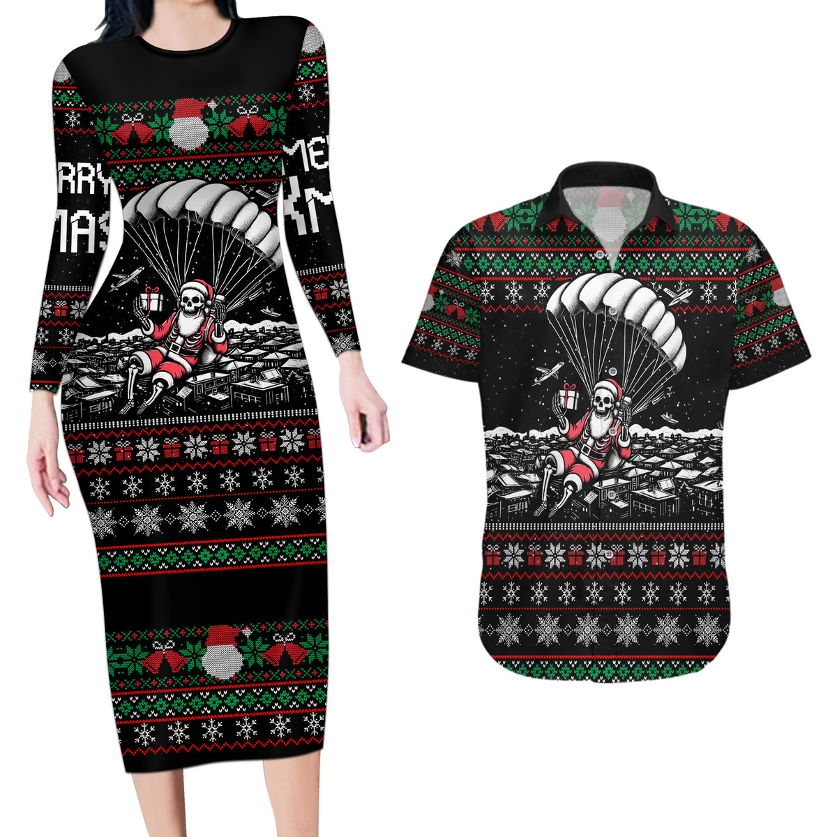 Christmas Skull Couples Matching Long Sleeve Bodycon Dress and Hawaiian Shirt Santa Skull Jumps In Parachute - Wonder Print Shop