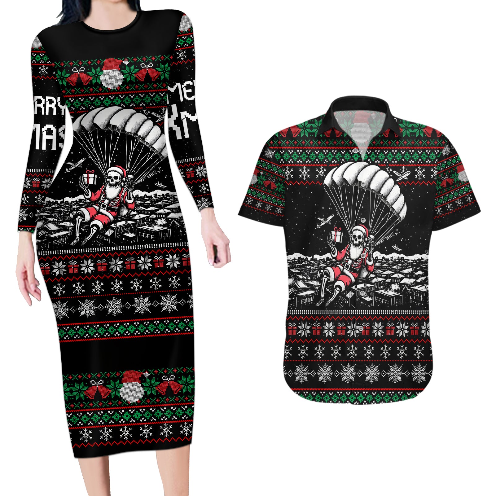 Christmas Skull Couples Matching Long Sleeve Bodycon Dress and Hawaiian Shirt Santa Skull Jumps In Parachute - Wonder Print Shop