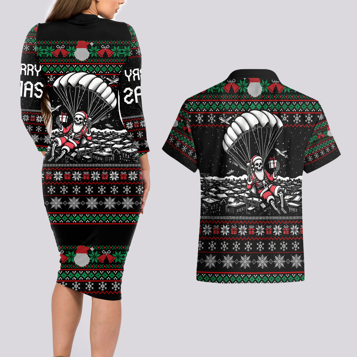 Christmas Skull Couples Matching Long Sleeve Bodycon Dress and Hawaiian Shirt Santa Skull Jumps In Parachute - Wonder Print Shop