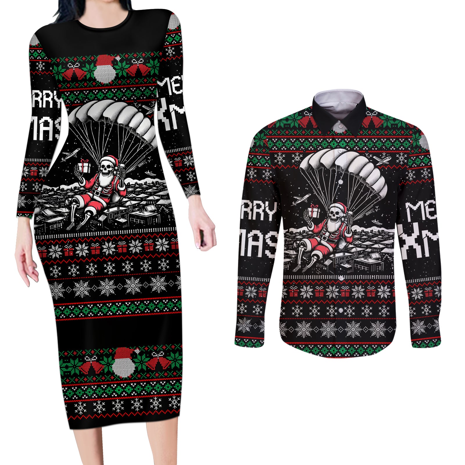 Christmas Skull Couples Matching Long Sleeve Bodycon Dress and Long Sleeve Button Shirt Santa Skull Jumps In Parachute - Wonder Print Shop