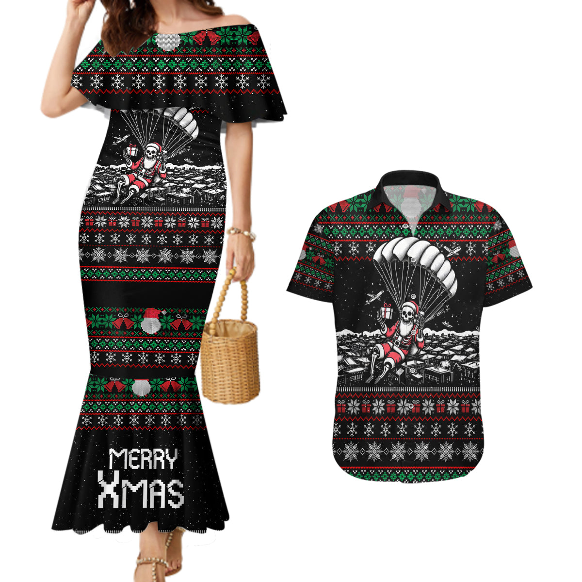 Christmas Skull Couples Matching Mermaid Dress and Hawaiian Shirt Santa Skull Jumps In Parachute - Wonder Print Shop