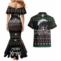 Christmas Skull Couples Matching Mermaid Dress and Hawaiian Shirt Santa Skull Jumps In Parachute - Wonder Print Shop