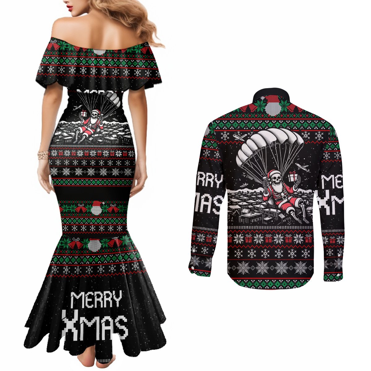 christmas-skull-couples-matching-mermaid-dress-and-long-sleeve-button-shirt-santa-skull-jumps-in-parachute