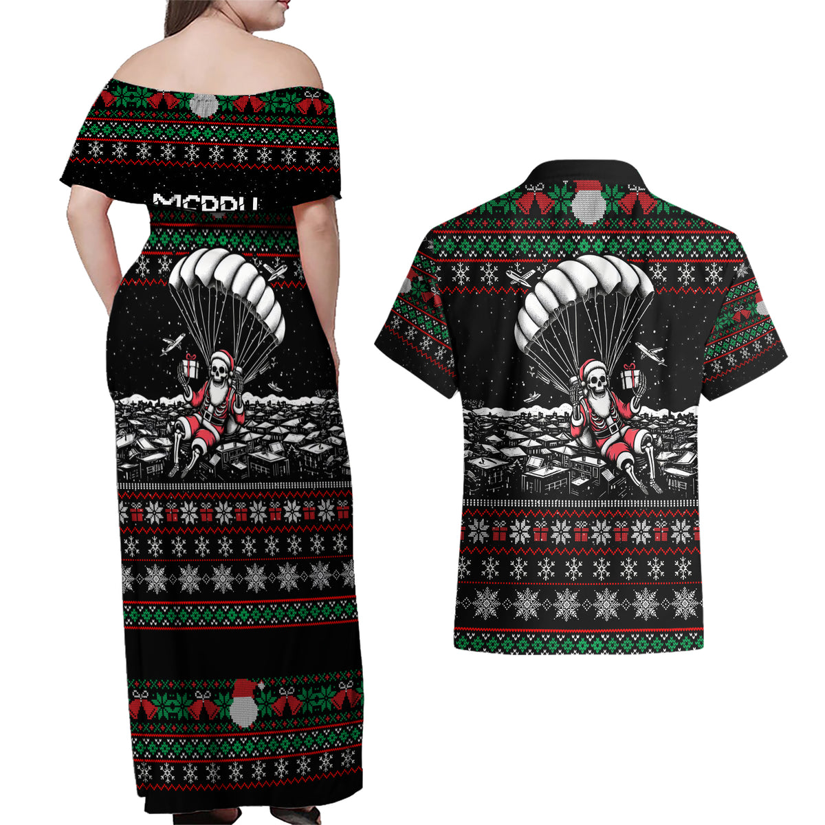 Christmas Skull Couples Matching Off Shoulder Maxi Dress and Hawaiian Shirt Santa Skull Jumps In Parachute - Wonder Print Shop