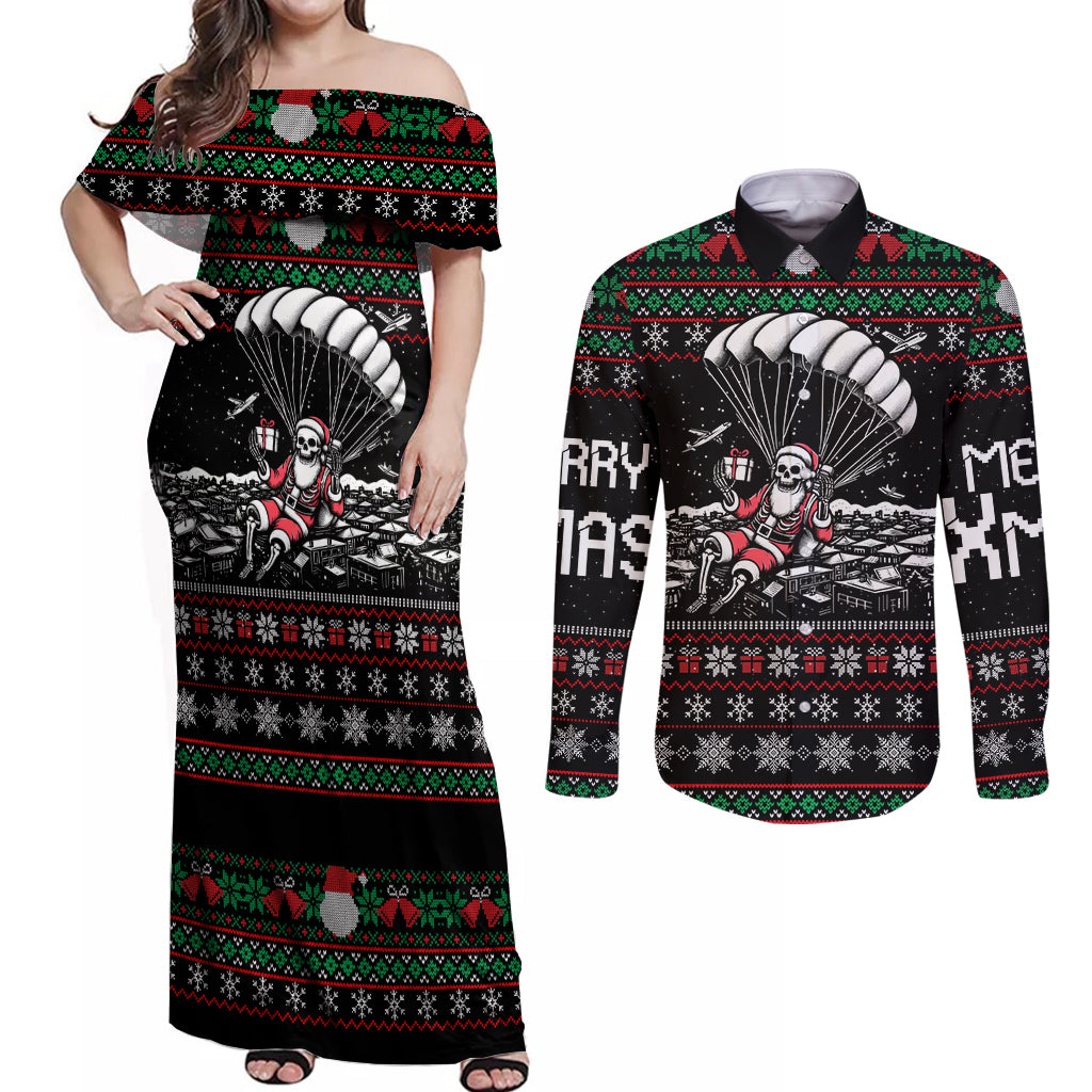 Christmas Skull Couples Matching Off Shoulder Maxi Dress and Long Sleeve Button Shirt Santa Skull Jumps In Parachute - Wonder Print Shop