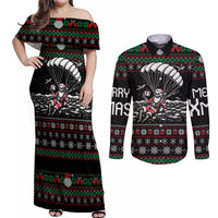 Christmas Skull Couples Matching Off Shoulder Maxi Dress and Long Sleeve Button Shirt Santa Skull Jumps In Parachute - Wonder Print Shop