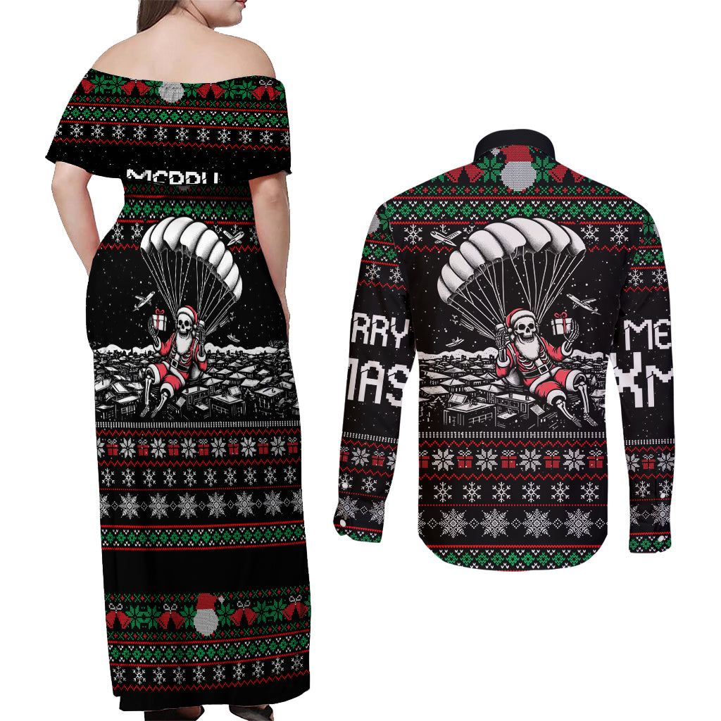 Christmas Skull Couples Matching Off Shoulder Maxi Dress and Long Sleeve Button Shirt Santa Skull Jumps In Parachute - Wonder Print Shop