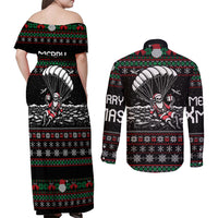 Christmas Skull Couples Matching Off Shoulder Maxi Dress and Long Sleeve Button Shirt Santa Skull Jumps In Parachute - Wonder Print Shop