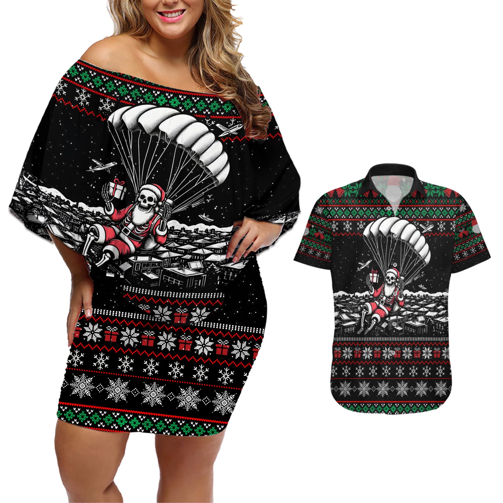 Christmas Skull Couples Matching Off Shoulder Short Dress and Hawaiian Shirt Santa Skull Jumps In Parachute - Wonder Print Shop