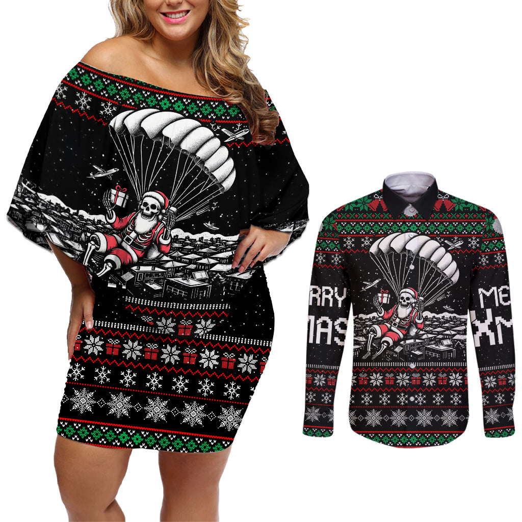 Christmas Skull Couples Matching Off Shoulder Short Dress and Long Sleeve Button Shirt Santa Skull Jumps In Parachute - Wonder Print Shop